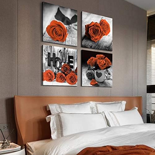 Farmhouse Flower Wall Art Burnt Orange Rose Pictures for Living Room Couple Bedroom Wall Decor Rustic Nature Paintings Black and White Floral Posters Canvas Prints Kitchen Home Decorations 16x16” 4Pcs