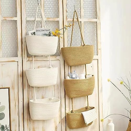 AARAINBOW Wall Hanging Cotton Baskets - Large 3 Tier Decorative Baskets for Wall, Nursery, Bathroom (B-Brown)