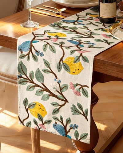 Canvas Embroidered Narrow 13"x 90" Table Runner, Lemon Bird