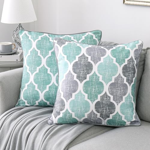 Beauoop Throw Pillow Covers 20x20 for Couch Sofa Moroccan Aqua Gray 2 Sets