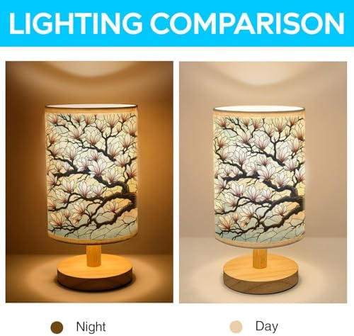 Magnolia Table Lamp LED 3-Color Pressed Bedside, Magnolia Shade Lamp with Wood Base for Bedroom Living Room Desk Office TL01