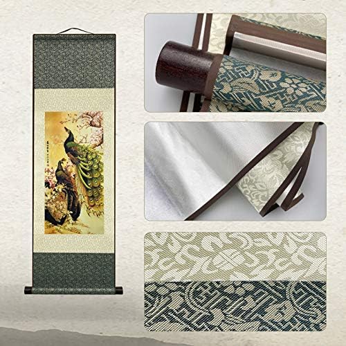 AtfArt Asian Wall Decor Beautiful Silk Scroll Painting Birds - Peacock - Cuiyu Pixia Oriental Decor Chinese Art Wall Scroll Wall Hanging Painting Scroll (36.2 x 12 in)