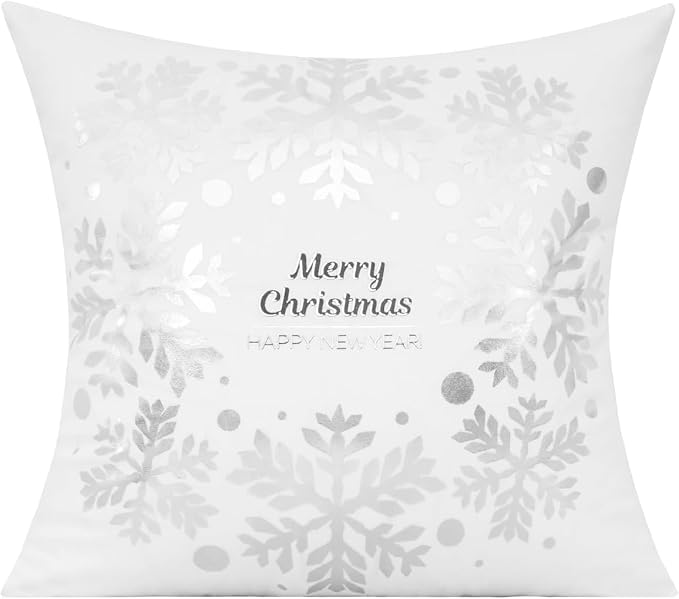 All Smiles White Silver Christmas Throw Pillow Covers Cases 20X20 Set of 4 Winter Xmas Navidad Decorations Indoor Home Holiday Décor Ornaments Velvet Cushion for Sofa Tree Snowflake Reindeer
