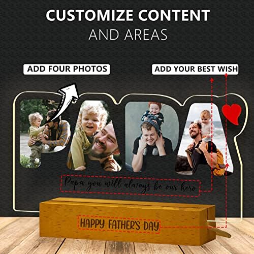 Personalized Photo Acrylic PAPA Sign Plaque Gifts for Dad Papa Grandpa from Daughter Son Wife Customizable LED Night Light Wooden Base Lamps Desk Bedroom Decor Signs