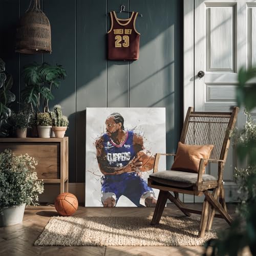 Kawhi Leonard Basketball Canvas Wall Art, Sports Player Poster, 24x30 Inch | Abstract splash ink athletic artwork, motivational sports wall decor for teen boys room, bedroom, living room, gym or office