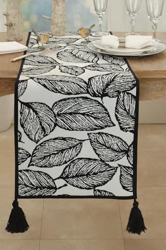 Fennco Styles Black and White Leaf Woven Table Runner - 14 x 71 Inch Reversible Runner Table Centerpiece for Dining Home Decor, Indoor Parties, Holiday Events Tassel Table Runner