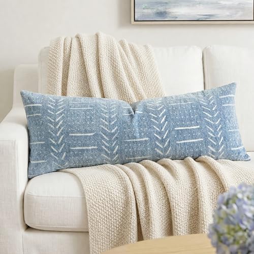 BlissBlush Coastal Blue Lumbar Pillow Cover 14x36 for Bed, Accent Long Lumbar Pillow Cover for Bedroom, Soft Woven Chenille Textured Farmhouse Boho Decorative Cushion Cover
