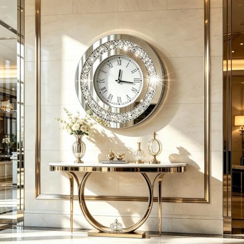 DMDFIRST Silver Round Mirror Clock 20x20inches Crystal Sparkle Twinkle Bling Crush Diamond Mirrored Large Wall Clock for Wall Decoration Silver Glass Mirror Home Décor. AA Battery is not Included.