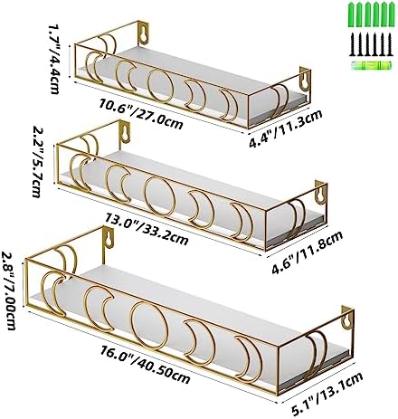 Moon Phase Wall Shelf, 3 Gold Side White Base Floating Shelves