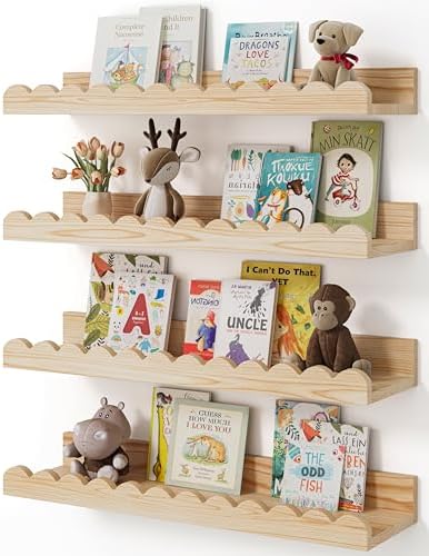 Shario Nursery Book Shelves, 4-Pack Wood Floating Shelves for Wall Kids, Scalloped Shelves, Wall Book Shelves for Bedroom Kids, Toddler Room, Baby Room, Nursery Decor(Wood, 16.5 Inches)