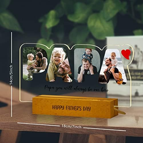 Personalized Photo Acrylic PAPA Sign Plaque Gifts for Dad Papa Grandpa from Daughter Son Wife Customizable LED Night Light Wooden Base Lamps Desk Bedroom Decor Signs