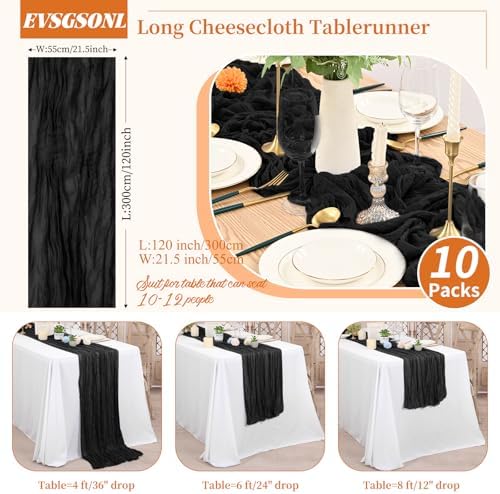 10 Pack Black Cheesecloth Table Runner Long,21.5 x 120 Inch