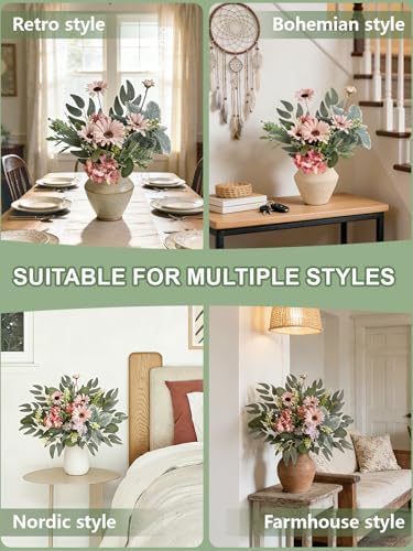 Artificial Greenery Stems Box Set, 33pcs with 7 Kinds of Faux Greenery Picks for DIY Bridal Bouquets Wedding Floral Arrangement Table Centerpieces(Green & Pink)