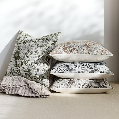 Vintage Floral Euro Sham Covers 24x24 Pack of 2 Country Farmhouse Accents Chenille Jacquad Decorative Square Throw Pillow Cases for Living Room Couch Bed Home Decor, Camel Khaki Tan
