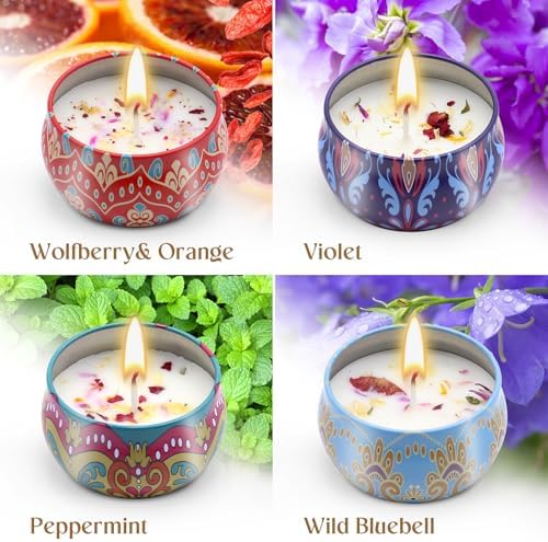 Scented Candles Gift Set for Women 4 Pack Soy Wax Candles with Dried Flowers Reusable Tin Aromatherapy Relaxation Gift for Birthday Mothers Day Valentines Day