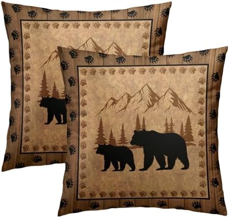Bear Throw Pillow Covers 24x24 Inch Set of 2 Retro Brown Mountain Decorative Pillowcase Rustic Cabin Bear Hunting Animal Paw Prints Decorative Cotton Cushion Case for Home Sofa Bedroom