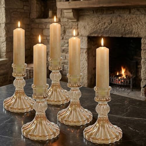 Amber Crystal Glass Candlestick Holders Set of 6, Vintage Taper Candle Holders for Dining Table, Wedding Centerpieces, Romantic, Thanksgiving Christmas Party Home Decor