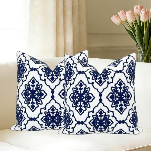 Slow Cow Pack of 2 Canvas Embroidery Decorative Cushion Covers Navy Blue Bohemian Flower Throw Pillow Covers 18 x18 inches
