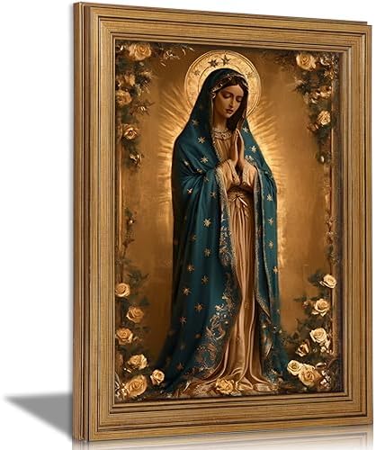 Vintage Gold Framed Virgin Mary Wall Art Lady of Guadalupe Portrait Canvas Prints Blessed Mother Catholic Picture Religious Beliefs Painting Poster Artwork for Living Room Church Prayer Room