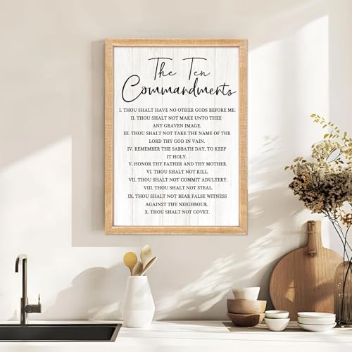 The Ten Commandments Rustic Bible Verse Framed Wall Art, 11''×16'' Narrow Positive Religious Christian Saying Sign for God Jesus Christ Prayer, Vintage Holy Inspirational Catholic Scripture Decor