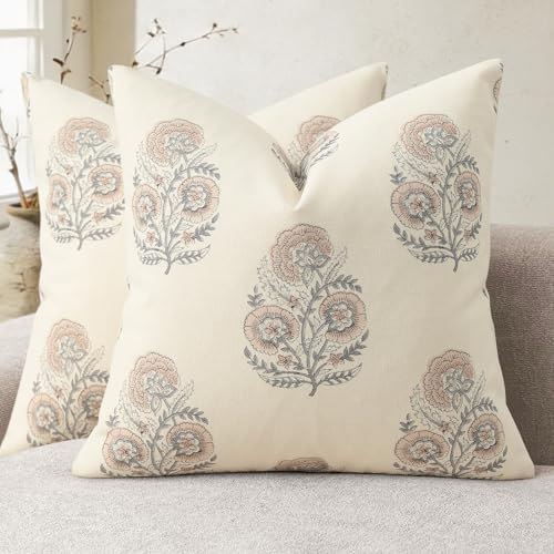 YCOLL Vintage Floral Print Pillow Covers 22x22 Set of 2 Patterned Accent Decorative Cushion Covers Modern Farmhouse Throw Pillow Covers for Sofa Couch Chair Bed Living Room Home Decor, Blush Pink