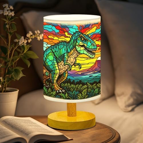 Dinosaurus Table Lamp LED 3-Color Pressed Bedside, Dinosaur Shade Lamp with Wood Base for Bedroom Living Room Desk Office TL01