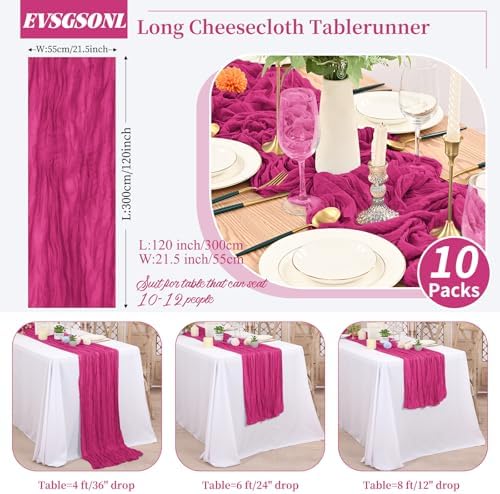 10 Pack Fuschia Cheesecloth Table Runner Long,21.5 x 120 Inch