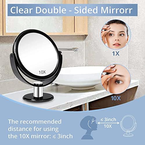 Magnifying Makeup Double Sided Mirror 1x 10x Magnification Desk Mirror 7'' | Fabuday Tabletop Magnified Mirror with Stand, Two Side Cosmetic Vanity Acrylic Mirror, 360° Rotation, Black