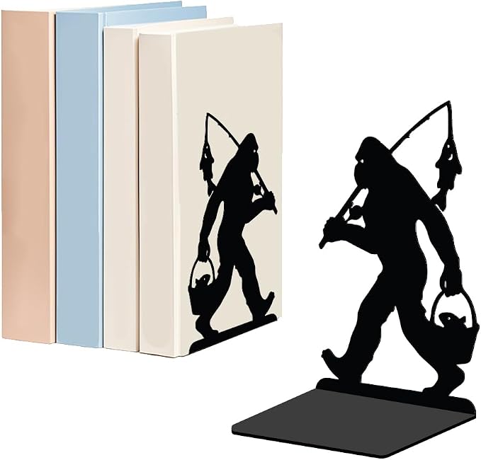 WADORN Bigfoot Fishing Metal Decorative Bookend for Shelves 1 Pair, Heavy Duty Book Ends Unique Non-Skid Books Holder Stand Black Book Support Stoppers for Desk Bookshelf Office Home, 5.3x4.3x7.9 Inch