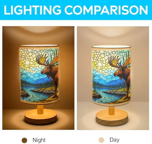 Moose Table Lamp LED 3-Color Pressed Bedside, Moose Shade Lamp with Wood Base for Bedroom Living Room Desk Office TL01