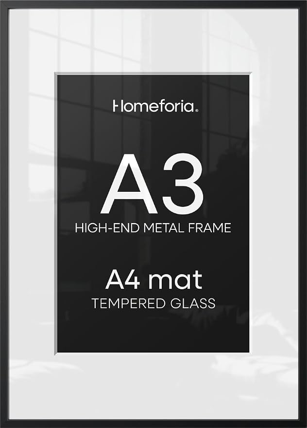 Homeforia A3 Black Picture Frame, High-End Metal, A4 Mat, Glass