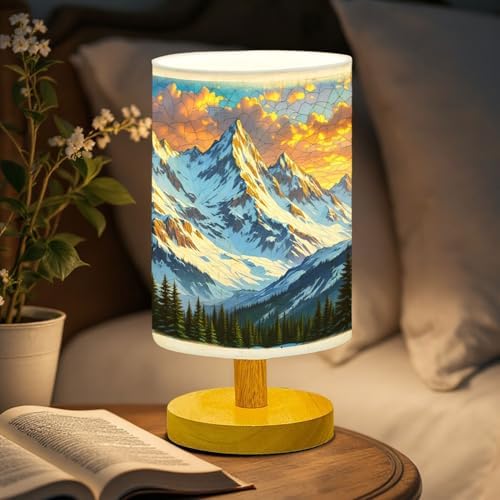 Majestic Snowy Mountain Table Lamp LED 3-Color Pressed Bedside, Majestic Snowy Mountain Shade Lamp with Wood Base for Bedroom Living Room Desk Office TL01