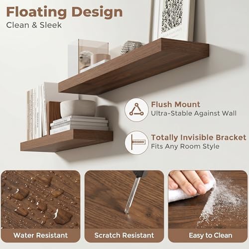 FLYJOE 22.5 Inch Floating Shelves for Wall Set of 2, 6.5" D Wood Grain Bathroom Shelves with Invisible Brackets, Easy Install Engineered Wood Storage Shelves for Kitchen, Living Room, Bedroom