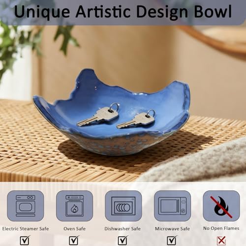 8" Small Ceramic Decorative Bowl，Irregular Rim Reactive Glaze Key Bowls for Entryway Table，Blue Coffee Table Bowl Decor，Modern Fruit bowls for Tabletop or Home Decor