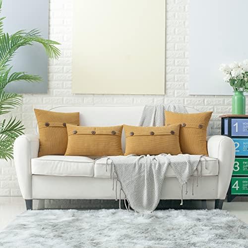 HWY 50 Mustard Yellow Chenille Throw Pillow Covers 18x18 Inch Buttons