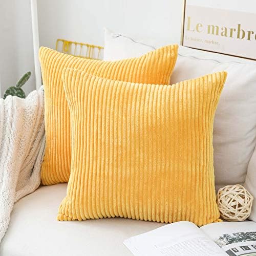 Home Brilliant Striped Corduroy Pillow Cover 24x24 Plush Texture Velvet Euro Throw Pillow Sham Covers for Chair Yellow Pillow Covers for Summer Decoration, 24 x 24 inch, Sunflower Yellow