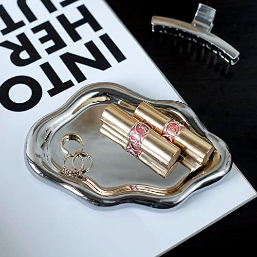 Jewelry Dish Trinket Tray for Women, Ring Dish Holder, Unique Cloud Shape Ceramic Plate Cute Things Vanity Aesthetic Room Decor Mother's Day Birthday (Silver)