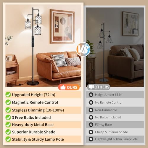 72" Dimmable Floor Lamp with Remote & Timer, Industrial Farmhouse Rustic Standing Lamp for Living Room Bedroom, 3 Individually Controlled Heads, 2 Height Options, 3 x LED Bulbs Included