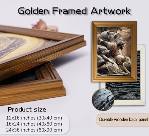 Vintage Gold Framed Jesus and Lamb Wall Art Jesus Saves the Lost Sheep Christian Canvas Prints Shepherd Protect a Lamb from Wolves Picture Religious Painting Poster Artwork for Living Room Church