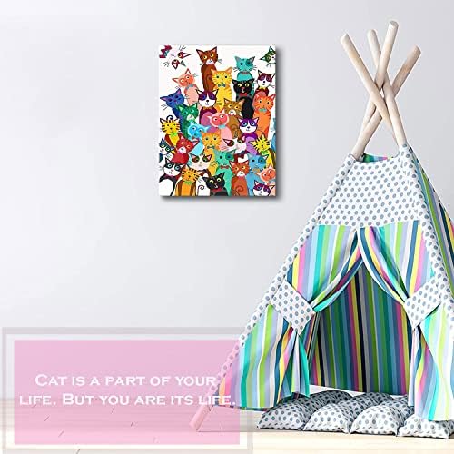 Funny Colorful Cat Bathroom Wall Art, Cute Cartoon Kitty Canvas Print | Framed Cat Poster Palyful Animal Picture Wall Decor for Bathroom Kids Bedroom Nursery Playroom 12x16 Inches
