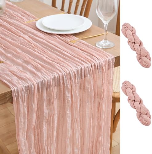 Asee'm 2pcs Cheesecloth Table Runner 120 Inches Dusty Pink Boho Gauze Cheese Cloth Runner 10FT Rustic Sheer Fall Table Runners for Thanksgiving Wedding Baby Shower Holiday Party Decoration