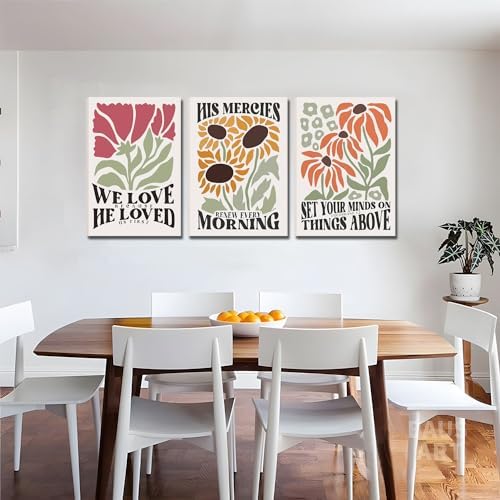Framed Christian Bible Scripture Wall Art Set of 3 16x24 Inch | Flower Marke Pictures Decor Inspirational Paintings Religious Verses Canvas Prints, Artwork for Christian Women & Teen Girls