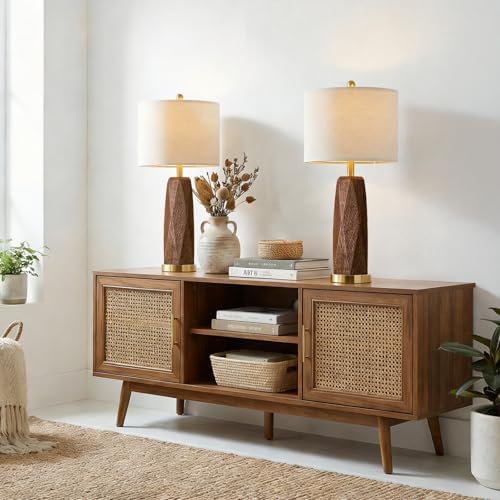 BOBOMOMO 27.5" Table Lamps Set of 2 with USB-A & USB-C Charging Ports, Wood Texture Resin Bedside Lamps with Linen Shade & Rotary Switch, Tall Nightstand Lamps for Bedroom, Living Room Office