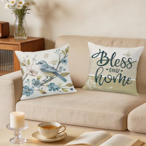 Bonhause Fall Brown Bird Floral Throw Pillow Covers 18 x 18 Inch Flowers Leaves Branch Home Sweet Home Autumn Soft Velvet Decorative Cushion Case for Outdoor Patio Sofa Couch Set of 4