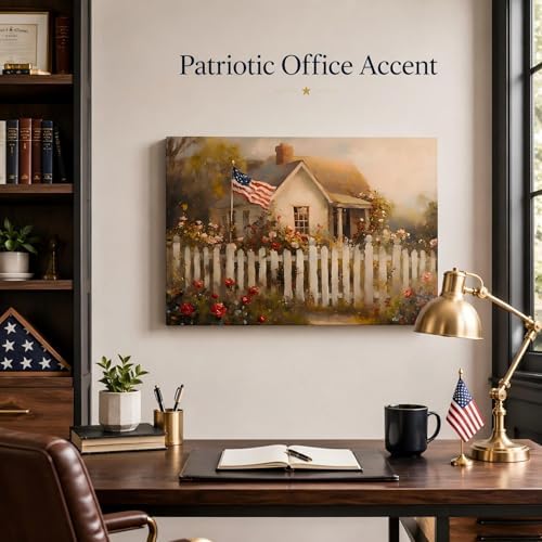 RIBNTAK Made in USA Patriotic American Flag Farmhouse Canvas Wall Art, 4th of July Cottage Garden with Roses Painting Print, Independence Day Decor for Living Room, Bedroom & Kitchen