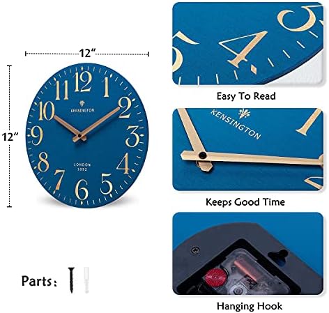 NIKKY HOME Navy Blue Wooden Wall Clock 12 Inch - Battery Operated Silent Non Ticking Clock Decor for Kitchen, Living Room, Bathroom, Office
