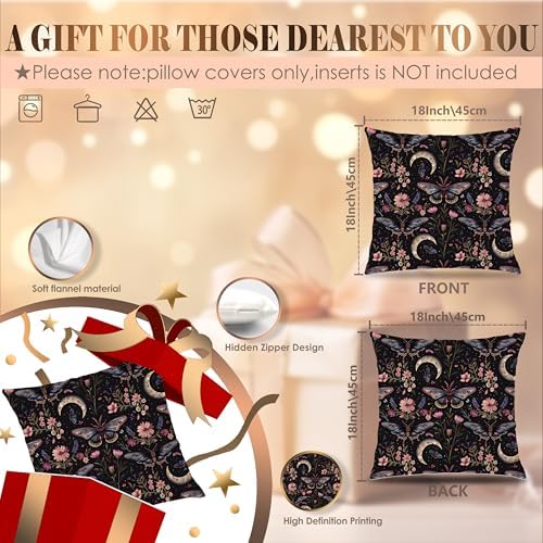 Gothic Moth Butterfly Pillow Covers 18x18 Set of 2, Dark Academia Witchy Moon Celestial Pillow Covers for Couch, Gothic Home Decor,Witchy Decor Aesthetic,Witchy Dark Cottagecore Room Decor