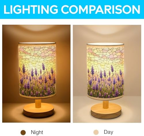 Lavender Table Lamp LED 3-Color Pressed Bedside, Lavender Shade Lamp with Wood Base for Bedroom Living Room Desk Office TL01