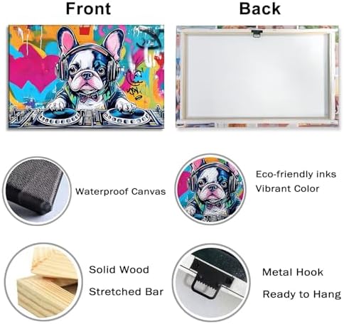 French Bulldog Canvas Art Wall Decor Framed Funny DJ Dog Picture Graffiti Painting Pop Prints Modern Artwork for Living Room Bedroom Home Office Ready to Hang - 20.00"x30.00"