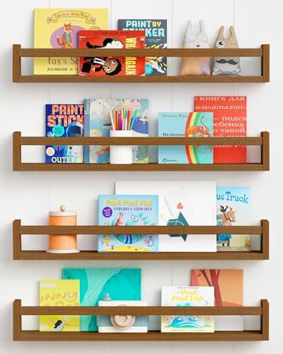 Forbena 24 Inch Wooden Floating Nursery Book Shelves for Wall, Walnut Nursery Bookshelf Wall Mounted for Kids Bedroom, Large Kids Floating Bookshelves for ChildToys Classroom Books Decor (Dark Brown)
